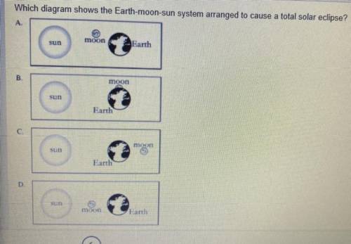 Which diagram shows the Earth-moon-sun system arranged to cause a total solar eclipse ?