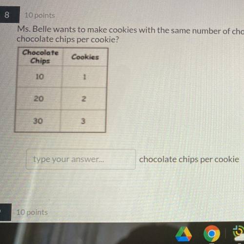 Ms.belle wants to make cookies with the same number of chocolate chips per cookies. This table appe
