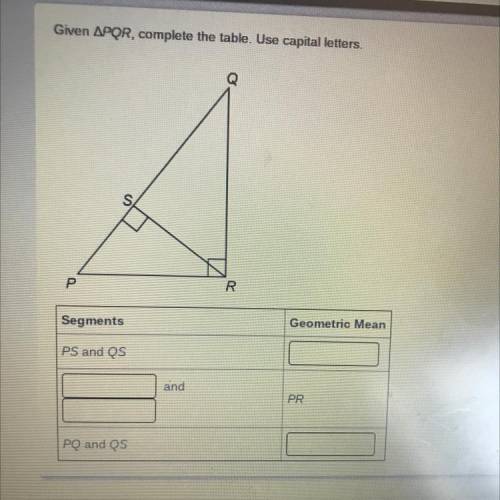 Given APQR, complete the table. Use capital letters.
CAN SOMEONE PLEASE HELP ME WITH THIS!!!