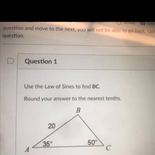 Use the Law of Sines to find BC.

Round your answer to the nearest tenths.
B
20
35°
50°
C
