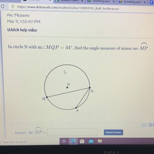 In circle N with mZMQP = 44°, find the angle measure of minor arc MP
क
N
Q
M м
P
