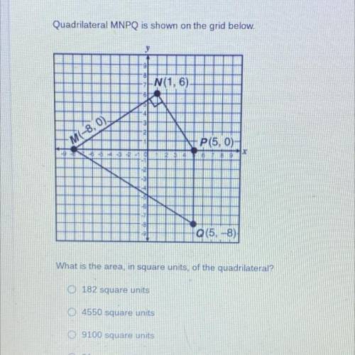 Quadrilateral MNPQ is shown on the grid below.

What is the area, in square units, of the quadrila