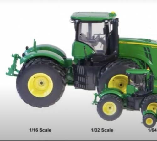 How much smaller is the middle tractor from the larger tractor? What is the scale factor?​