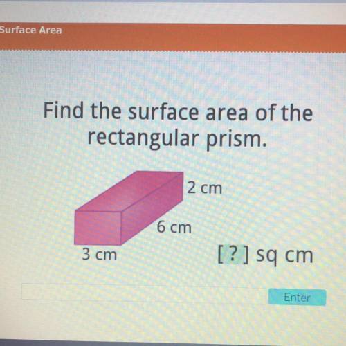Find the surface area of the
rectangular prism.
2 cm
6 cm
3 cm
[?] sq cm