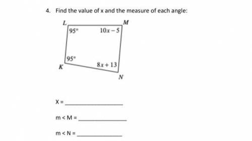 Find the value of x and the measure of each angle: