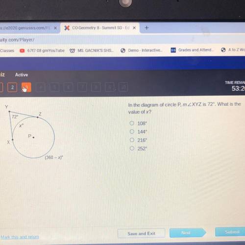 In the diagram of circle P, m ZXYZ is 72°. What is the
value of x?