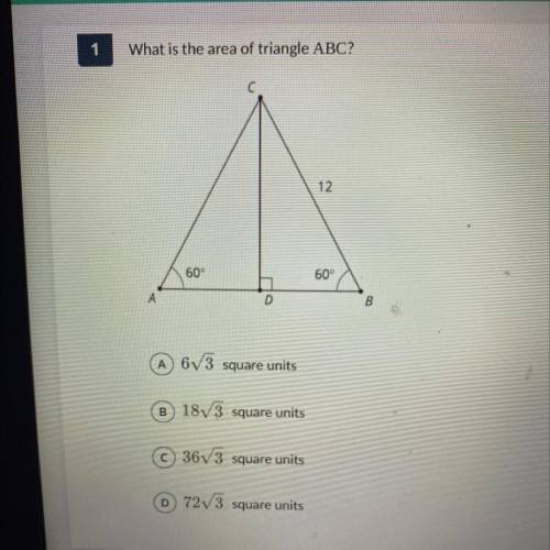 What is the area of triangle ABC?
C
12
60°
60°
А
D
B