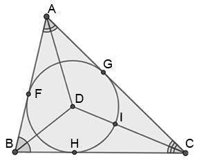 Which point is the incenter of the triangle?

Question 9 options:
A) 
I 
B) 
G 
C) 
D 
D) 
F
