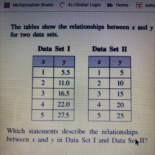 A

Both data sets show additive relationships in data set I y is 5.5 more than X and in data set I