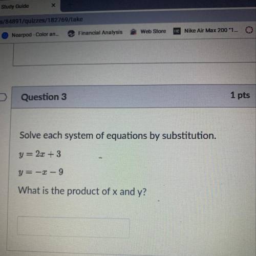 Solve each system of equations by substitution

y = 2x + 3
y = -x - 9
What is the product of x and