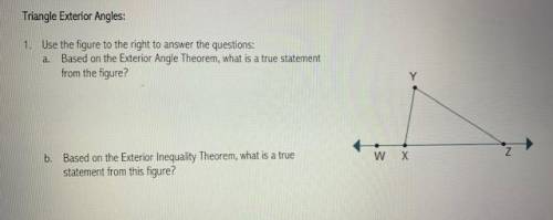 Please help me with geo

a)Based on the Exterior Angle Theorem, what is a true statement
from the