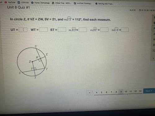 In circle Z if VZ=ZW, SV =21 and mut=112 find each measure