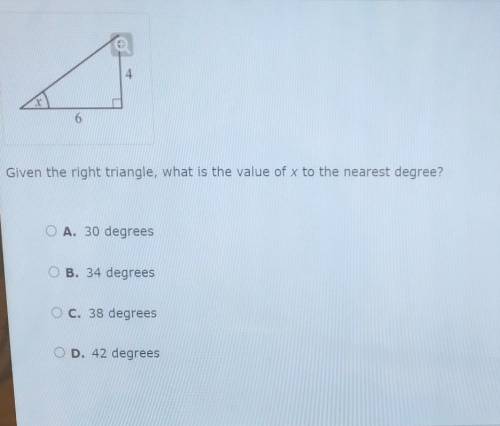 Given the right triangle, what is the value of x to the nearest degree?​