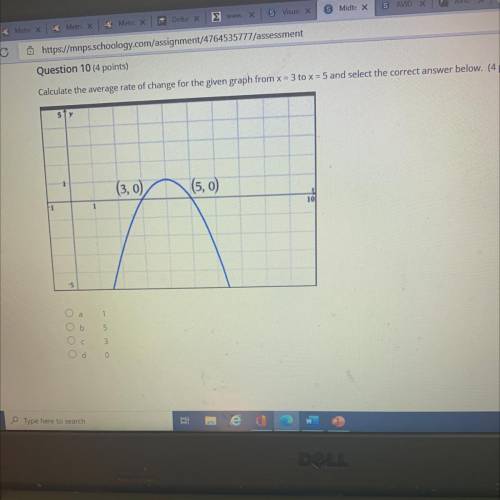 Calculate the average rate of change for the given graph from x = 3 to %= 5 and select the correct