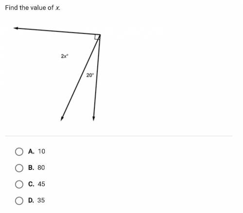 PLEASE HELP ME WILL GIVE BRAINLIEST
Find the value of x.
2x° 20°