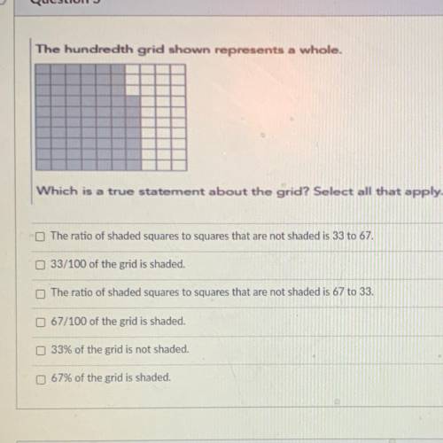 The hundred grid shown represents a whole.

Which is true statement about the grid? Select all tha