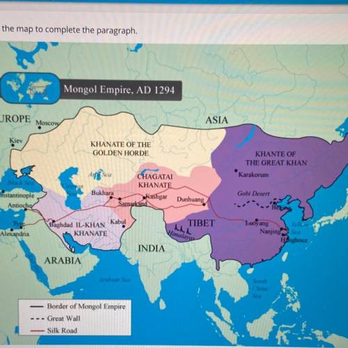Use the map to complete the paragraph. By 1294, the Mongols had gained control over the Middle East