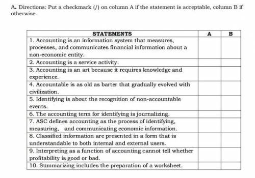 A.Directions: Put a checkmark (/) on column A if the statement is acceptable, column B if otherwis