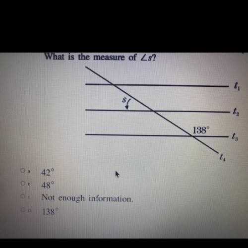 Lines t1, t2, and t3 are parallel lines intersected by line t4. What is the measure of