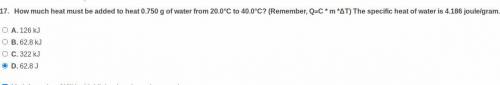 How much heat must be added to heat 0.750 g of water from 20.0 degrees * C to 40.0C (Remember, Q=C*
