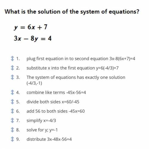 What is the solution of the system of equations? y=6x+7 and 3x-8y=4