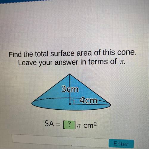 Find the total surface area of this cone. Leave your answer in terms of pi. SA= ? pi cm2