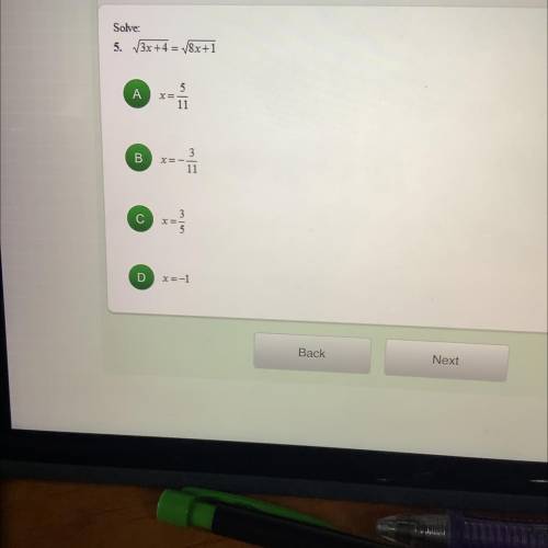 Solve: 
V3x+4 = V8x+1
V=square root