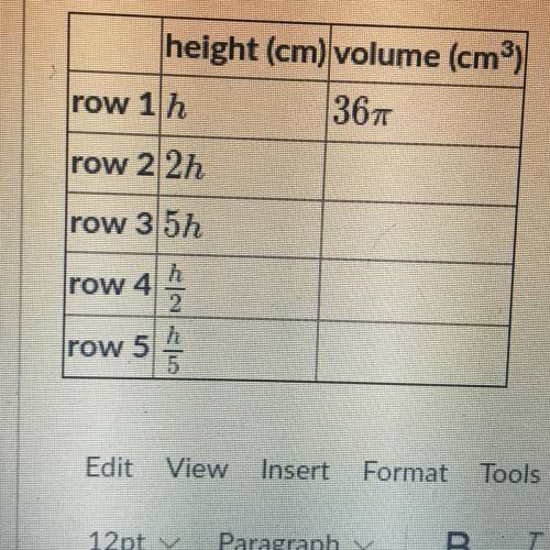 A cone has a volume of 36 pi cm^ 3 and height h. Complete this table for volume of cylinders with t