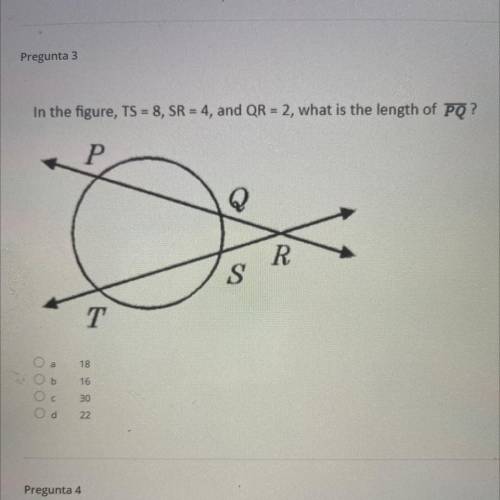 In the figure, TS = 8, SR = 4, and QR = 2, what is the length of PQ?