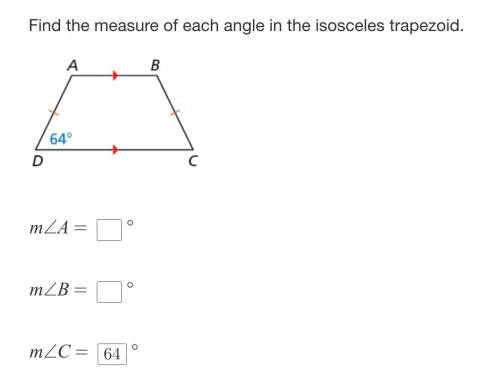 Find the measure of each angle in the isosceles trapezoid.
(I found one already)