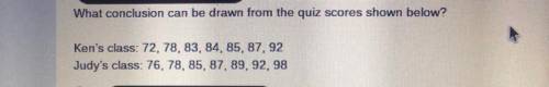 What conclusion can be drawn from the quiz scores shown below?

Ken's class: 72, 78, 83, 84, 85, 8