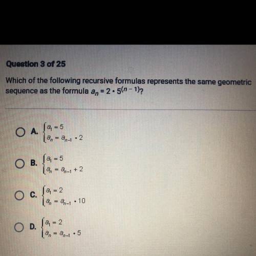 Please please help me

Which of the following recursive formulas represents the same geometric
seq