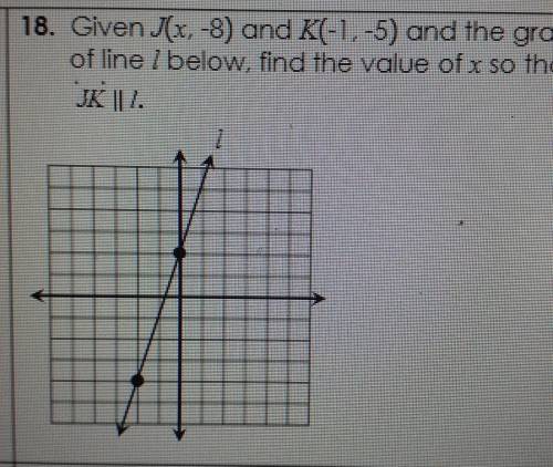 Given J (x, -8) and K (-1,-5) and the graph of line l below, find the value of x so that JK ll L.​