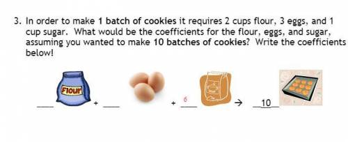 In order to make 1 batch of cookies it requires 2 cups flour, 3 eggs, and 1 cup sugar. What would b