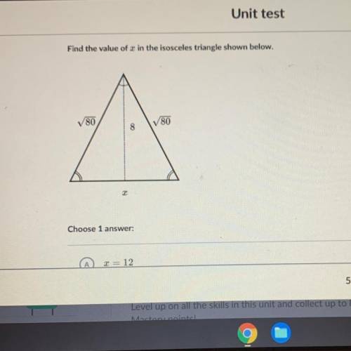 Find the value of x in the isosceles triangle shown below.
V80
/80
8
0