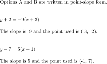 \text{Options A and B are written in point-slope form.}\\\\\\y+2 =-9(x+3)\\\\\text{The slope is -9 and the point used is (-3, -2).}\\\\\\y-7=5(x+1)\\\\\text{The slope is 5 and the point used is (-1, 7).}