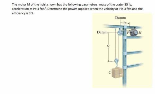 The motor M of the hoist shown has the following parameters: mass of the crate=85 lb,

acceleratio