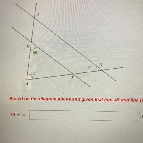 Based on the diagram above and given that line JK and line HI are parallel, calculate the value of