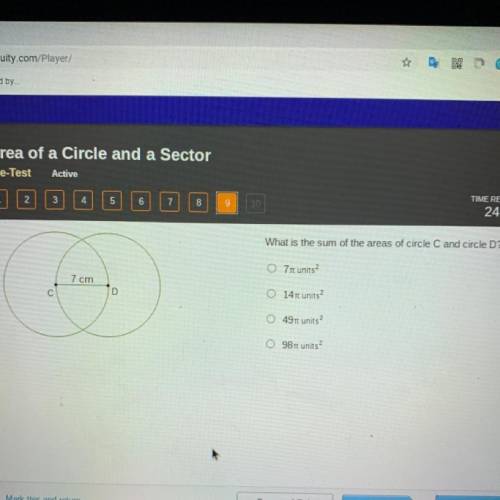 What is the sum of the areas of circle C and circle D?

O 7 units?
7 cm
D
O 1410 units
O 49 units