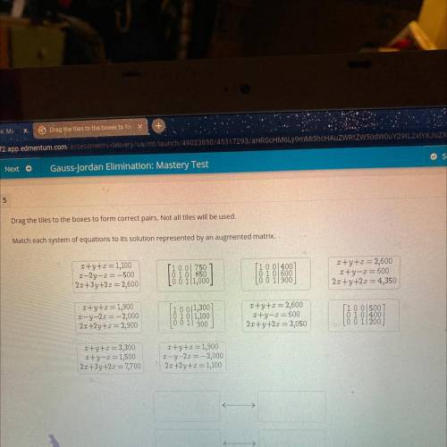 Match each system of equations to its solution represented by an arguments matrix. Not all equation