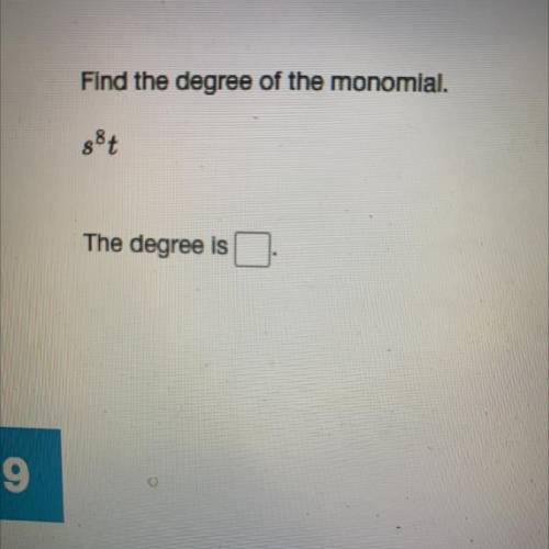 Find the degree of the monomial.
8/8t
The degree is