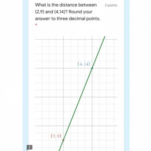 What is the distance between points (2,9) and (4,14)