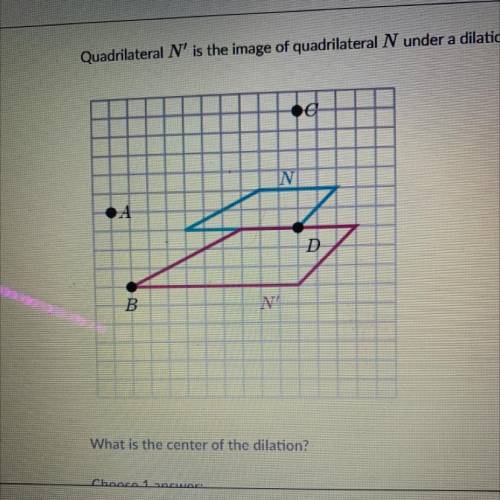 Quadrilateral N' is the image of quadrilateral N under a dilation.

What is the center of the dila