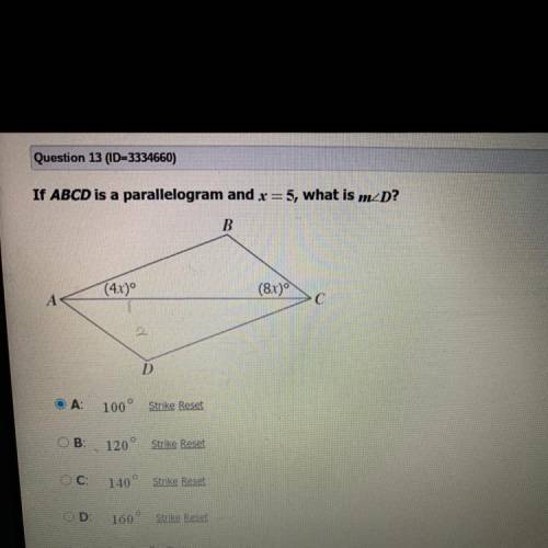 If ABC D is a parallelogram and X equals five, what is measure d. PLEASE HELP!!!