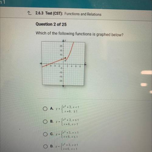 Which of the following functions is graphed below?

15
10
1
9
S
5
-10
- 15
A. y =
(x2+3. x<1
X+