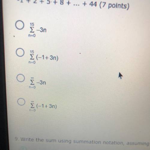 Write the sum using summation notation -1+2+5+8+...+44