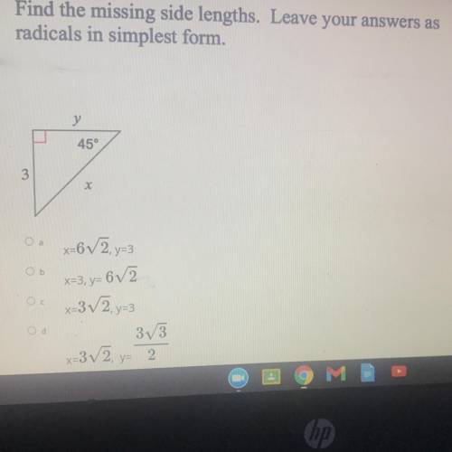Find the missing side lengths. Leave your answers as

radicals in simplest form. Y 45°
3
X