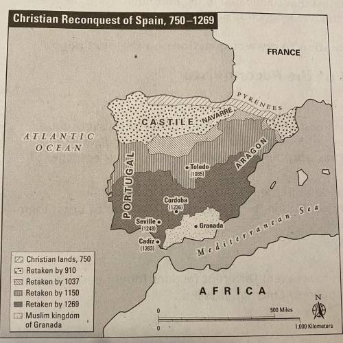 According to the map, Christians won back

A) areas from south to north.
B) the peninsula from wes