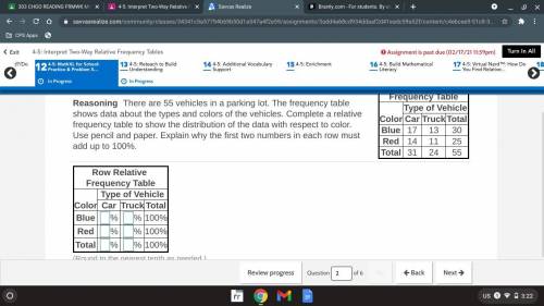 there are 55 vehicles in a parking lot. The frequency table shows data about the types and colors o