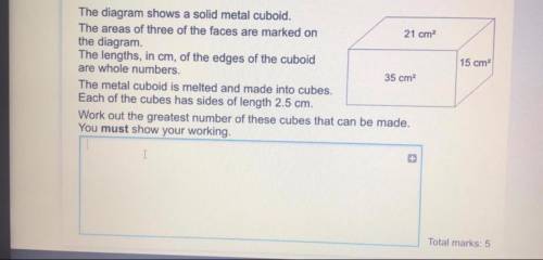 The diagram shows a solid metal cuboid.

The areas of three of the faces are marked on
the diagram